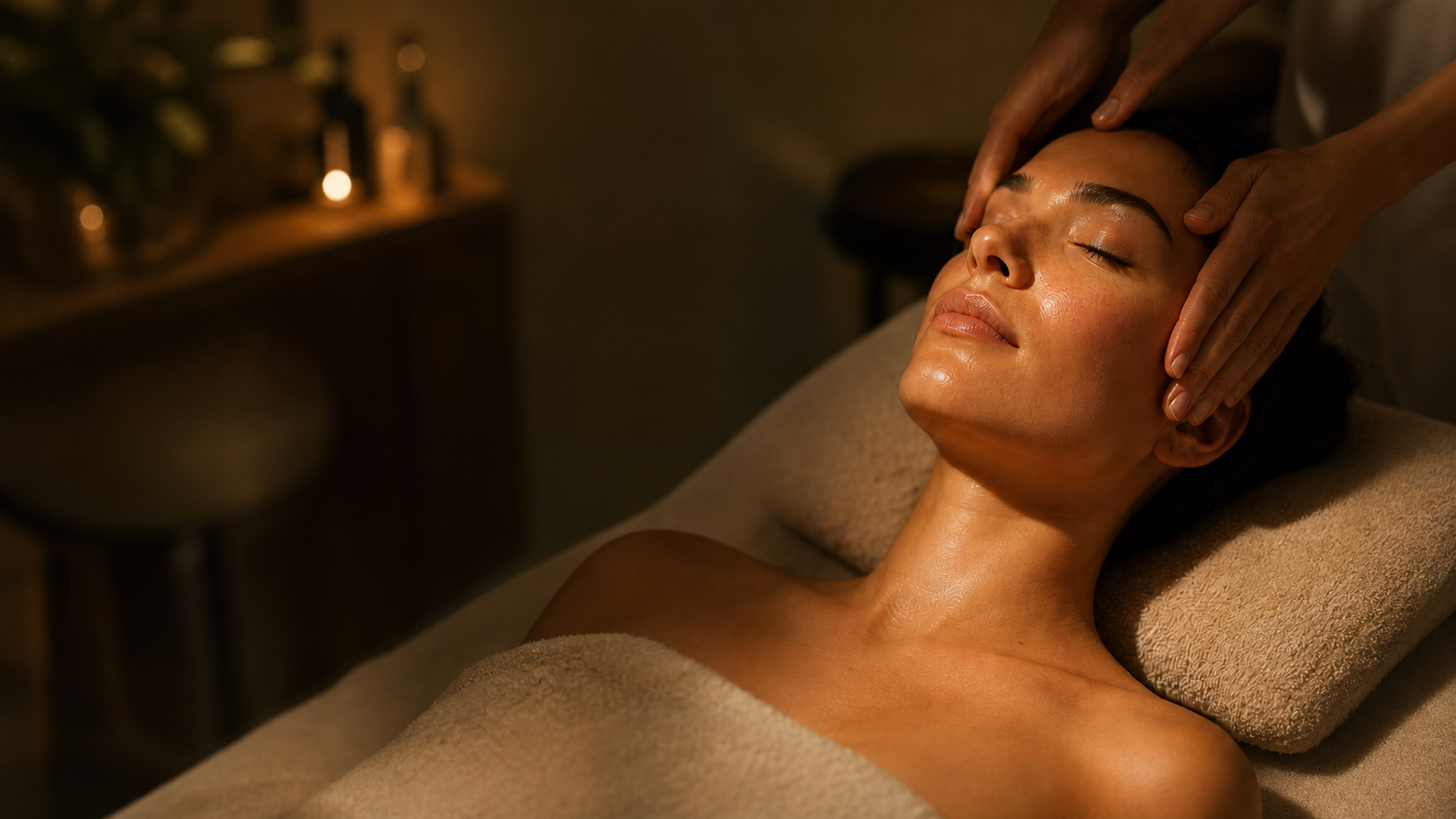Facial pressure-point massage in a warm, candlelit treatment room